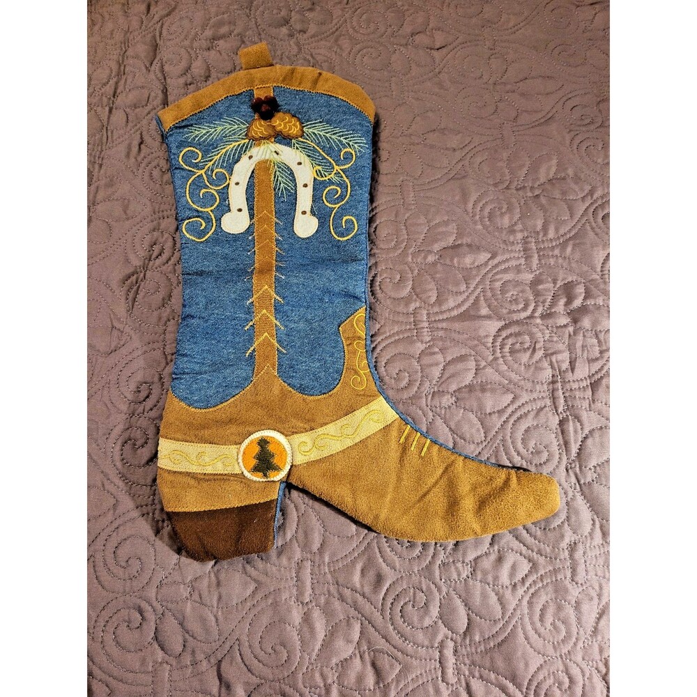 EUC Western Cowboy Boot Country Christmas Stocking 16" Denim